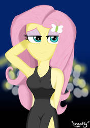 Size: 751x1063 | Tagged: safe, artist:sneakycsgo, fluttershy, equestria girls, g4, armpits, black dress, breasts, busty fluttershy, clothes, dress, eyeshadow, female, hair, hairpin, little black dress, makeup, pink hair, solo