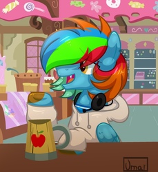 Size: 1977x2157 | Tagged: artist needed, source needed, useless source url, safe, oc, oc only, pegasus, pony, apple cider, cider, clothes, fangs, folded wings, headphones, headset, hoodie, lidded eyes, long sleeves, male, mug, open mouth, rainbow hair, shirt, short mane, sitting, smiling, solo, stallion, sugarcube corner, table, tankard, underhoof, undershirt, wings