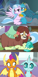 Size: 679x1359 | Tagged: safe, screencap, gallus, ocellus, sandbar, silverstream, smolder, sweetie belle, yona, changedling, changeling, classical hippogriff, dragon, earth pony, griffon, hippogriff, pony, yak, g4, school raze, what lies beneath, bow, cave, cloven hooves, colored hooves, cute, diaocelles, diastreamies, dragoness, duo, duo focus, female, gallabetes, glomp, hair bow, hilarious in hindsight, hug, implied gallstream, implied lesbian, implied smolcellus, implied straight, implied yonabar, jewelry, looking at each other, male, monkey swings, necklace, nervous, nightmare cave, not sure if want, sandabetes, shipping denied, shipping fuel, smiling, smolderbetes, student six, teenager, yonadorable
