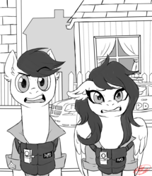 Size: 2085x2425 | Tagged: safe, artist:devidevidevil, oc, oc only, oc:darren cuffs, oc:veronica cuffs, earth pony, pegasus, pony, brother and sister, bulletproof vest, car, clothes, duo, female, grayscale, high res, looking at you, male, mare, monochrome, open mouth, police, police car, police pony, shirt, stallion