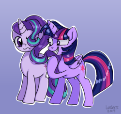 Size: 1899x1787 | Tagged: safe, artist:leslers, starlight glimmer, twilight sparkle, alicorn, pony, unicorn, cute, duo, female, glimmerbetes, hair flip, hair over one eye, mare, purple background, simple background, smiling, twiabetes, twilight sparkle (alicorn)