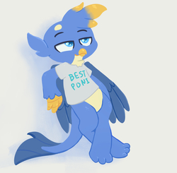 Size: 1635x1600 | Tagged: safe, artist:swerve-art, gallus, griffon, g4, best griffon, best pony, bipedal, blatant lies, clothes, cute, gallabetes, gray background, leaning back, lidded eyes, male, shirt, simple background, solo