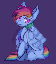 Size: 1655x1879 | Tagged: safe, artist:prplepsychopath, rainbow dash, pegasus, pony, g4, eye clipping through hair, female, mare, missing cutie mark, purple background, simple background, sitting, solo