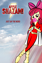 Size: 674x1000 | Tagged: safe, artist:dan232323, apple bloom, equestria girls, g4, bubblegum, cape, clothes, crossover, female, food, gum, shazam, solo, superhero