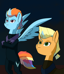 Size: 1503x1745 | Tagged: safe, artist:chedx, applejack, rainbow dash, earth pony, pegasus, pony, comic:the storm kingdom, g4, my little pony: the movie, alternate timeline, bad end, command 6, commander applejack, commander rainbow dash, cropped, crystal of light