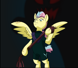 Size: 2223x1945 | Tagged: safe, artist:chedx, fluttershy, pegasus, pony, comic:the storm kingdom, g4, my little pony: the movie, alternate timeline, bad end, badass, beast, command 6, commander fluttershy, cropped, crystal of light, flutterbadass, monster, the bad guy wins, whip