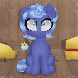 Size: 3500x3500 | Tagged: safe, artist:darkest-lunar-flower, princess luna, alicorn, pony, g4, :t, blushing, chest fluff, cute, ear fluff, eating, female, filly, glowing horn, hay, herbivore, high res, horn, horses doing horse things, levitation, lunabetes, magic, nom, sitting, solo, telekinesis, woona, younger