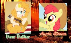 Size: 2048x1264 | Tagged: safe, apple bloom, pear butter, pony, g4, apple family, applejack's hat, autumn, cowboy hat, cute, duo, female, filly, flower, flower in hair, forest, guitar, hat, mother and daughter