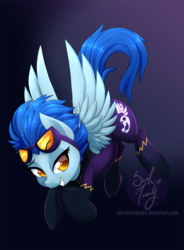 Size: 663x900 | Tagged: safe, artist:starshinebeast, nightshade, pegasus, pony, g4, clothes, colored pupils, costume, female, goggles, lidded eyes, mare, shadowbolts, shadowbolts (nightmare moon's minions), shadowbolts costume, shadowbolts uniform, solo, spread wings, wings