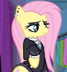 Size: 564x600 | Tagged: safe, artist:spectre-z, edit, fluttershy, pegasus, pony, fake it 'til you make it, clothes, cropcon, cropped, ear piercing, earring, eyeshadow, female, fluttergoth, goth, jewelry, makeup, piercing, raised hoof, show accurate, skirt, skirt lift, solo