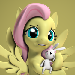 Size: 2160x2160 | Tagged: safe, artist:xppp1n, angel bunny, fluttershy, pegasus, pony, g4, 3d, duo, female, high res, looking at you, mare, simple background, source filmmaker, yellow background