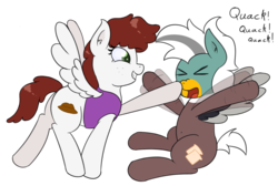 Size: 2802x1888 | Tagged: safe, artist:eyeburn, oc, oc only, oc:duk, oc:graph travel, duck pony, pegasus, pony, boop, duo, female, flailing, grin, mare, quack, simple background, smiling, text, transparent background