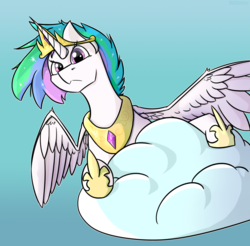 Size: 1444x1420 | Tagged: safe, artist:fuzzypones, princess celestia, alicorn, pony, g4, alternate hairstyle, cloud, female, frown, furrowed brow, partially open wings, peeking, short mane, simple background, sitting on a cloud, sky, solo, wings