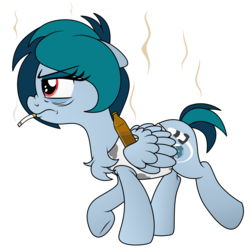 Size: 2500x2500 | Tagged: safe, artist:pananovich, oc, oc only, oc:delta vee, pegasus, pony, alcohol, beer, beer bottle, cigarette, clothes, female, grumpy, high res, shirt, solo, stink lines, walking