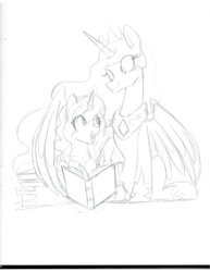 Size: 1020x1320 | Tagged: safe, artist:aphelionmars, princess celestia, oc, oc:blooming corals, pony, g4, blind, book, reading, traditional art