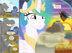 Size: 4000x2985 | Tagged: safe, artist:mlp-silver-quill, princess celestia, oc, oc:clutterstep, oc:imani, alicorn, earth pony, elephant, pony, comic:imani, g4, africa, african, airship, grass, ocean, remembering, savanna, scroll, smiling, sunset, water, zeppelin