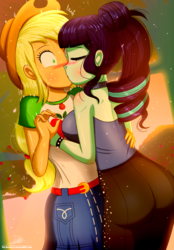 Size: 1250x1800 | Tagged: safe, artist:the-butch-x, applejack, coloratura, equestria girls, g4, my little pony equestria girls: better together, ass, betrayal, blushing, breasts, busty applejack, busty coloratura, butt, clothes, coloratur-ass, commission, duo, eyes closed, female, geode of super strength, kissing, lesbian, magical geodes, rara, ship:rarajack, shipping, startled, surprise kiss