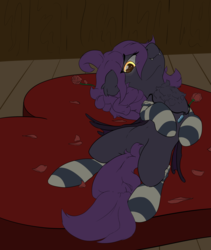 Size: 1553x1841 | Tagged: safe, artist:lurker, oc, oc only, oc:koz, bat pony, pony, bat pony oc, bed, chest fluff, clothes, fangs, looking at you, lying down, lying on bed, male, rose petals, socks, solo, stallion, striped socks, trap, wings