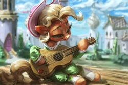 Size: 1200x800 | Tagged: safe, artist:assasinmonkey, applejack, earth pony, pony, g4, sparkle's seven, acoustic guitar, alternate hairstyle, apple chord, canterlot, cowboy hat, digital painting, female, freckles, guitar, hat, mare, musical instrument, scene interpretation, signature, solo, stage, stetson