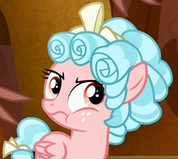 Size: 477x425 | Tagged: safe, edit, edited screencap, screencap, cozy glow, lord tirek, pegasus, pony, g4, the beginning of the end, cozy glow is best facemaker, cozy glow is not amused, cozybetes, cropped, curly mane, cute, eyeroll, female, filly, foal, freckles, hair ribbon, puffy cheeks, ribbon, solo focus