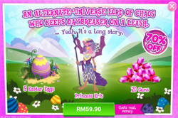 Size: 1036x687 | Tagged: safe, gameloft, princess eris, sarimanok, g4, my little pony: magic princess, advertisement, costs real money, crack is cheaper, greedloft, implied daybreaker, introduction card