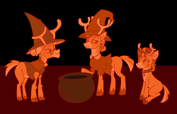 Size: 3332x2142 | Tagged: safe, artist:oneovertwo, alice the reindeer, aurora the reindeer, bori the reindeer, pony, g4, cauldron, clothes, costume, halloween, hat, high res, holiday, the gift givers, witch