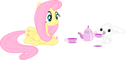 Size: 7334x3500 | Tagged: safe, artist:vaderpl, angel bunny, fluttershy, pegasus, pony, rabbit, g4, too many pinkie pies, angelbetes, crossed hooves, cup, cute, duo, female, lying down, mare, shyabetes, simple background, smiling, teacup, teapot, transparent background, vector