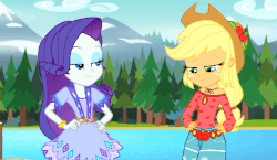 Size: 640x371 | Tagged: safe, screencap, applejack, rarity, equestria girls, g4, my little pony equestria girls: legend of everfree, animated, camp everfree outfits, female, gif, smugity