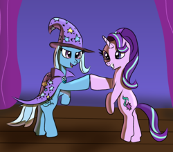 Size: 1667x1465 | Tagged: safe, artist:platinumdrop, starlight glimmer, trixie, pony, unicorn, g4, best friends, bipedal, cape, clothes, curtains, duo, female, hat, hoofbump, magic show, mare, smiling, stage, trixie's cape, trixie's hat