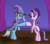 Size: 1667x1465 | Tagged: safe, artist:platinumdrop, starlight glimmer, trixie, pony, unicorn, g4, best friends, bipedal, cape, clothes, curtains, duo, female, hat, hoofbump, magic show, mare, smiling, stage, trixie's cape, trixie's hat