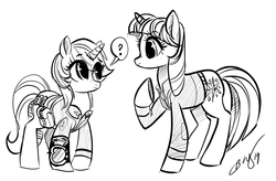 Size: 1984x1301 | Tagged: safe, artist:opalacorn, twilight sparkle, oc, oc:littlepip, pony, unicorn, fallout equestria, g4, black and white, clothes, duo, fanfic, fanfic art, female, grayscale, hooves, horn, jumpsuit, mare, ministry mares, monochrome, pipbuck, simple background, sketch, time travel, unicorn twilight, vault suit, white background