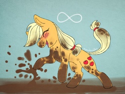 Size: 2048x1536 | Tagged: safe, artist:incendiarymoth, applejack, earth pony, pony, g4, autism, blushing, chest fluff, cute, daaaaaaaaaaaw, dirty, eyes closed, female, happy, horses doing horse things, infinity symbol, jackabetes, mare, mud, muddy, muddy hooves, neurodivergent, neurodivergent headcanon, open mouth, rearing, silly, silly pony, smiling, solo, splashing, who's a silly pony