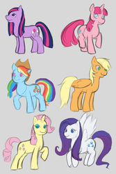 Size: 1000x1500 | Tagged: safe, artist:guiltyp, applejack, fluttershy, pinkie pie, rainbow dash, rarity, twilight sparkle, pony, g4, colored sketch, gray background, mane six, palette swap, recolor, simple background