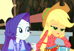 Size: 640x437 | Tagged: safe, screencap, applejack, rarity, equestria girls, g4, my little pony equestria girls: legend of everfree, animated, camp everfree outfits, female, gif