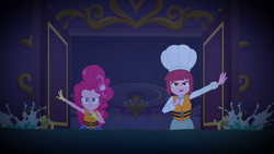 Size: 1920x1080 | Tagged: safe, screencap, pinkie pie, puffed pastry, equestria girls, equestria girls specials, g4, my little pony equestria girls: better together, my little pony equestria girls: spring breakdown, chef's hat, duo, duo female, female, hat, lifejacket