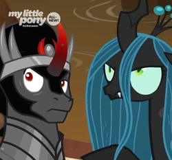Size: 640x597 | Tagged: safe, screencap, king sombra, queen chrysalis, changeling, changeling queen, g4, season 9, the beginning of the end, confused, cropped, cute, cutealis, duo, duo male and female, fangs, female, male, mare, sombradorable, stallion