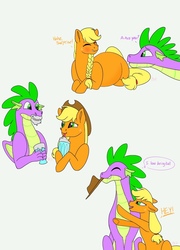 Size: 1380x1922 | Tagged: safe, artist:bella-pink-savage, applejack, spike, g4, accessory theft, blushing, cute, dialogue, doodles, female, jackabetes, male, messy eating, milkshake, older, older spike, preggo jack, pregnant, ship:applespike, shipping, spikabetes, straight, thought bubble