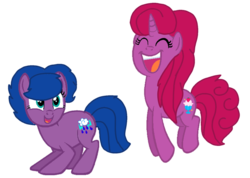 Size: 1424x1014 | Tagged: safe, artist:徐詩珮, oc, oc:betty pop, oc:storm lightning, pony, unicorn, g4, my little pony: the movie, base used, cute, duo, duo female, eyes closed, female, half-siblings, happy, magical lesbian spawn, mare, next generation, offspring, parent:glitter drops, parent:spring rain, parent:tempest shadow, parents:glittershadow, parents:springshadow, pretty, siblings, simple background, sisters, smiling, transparent background