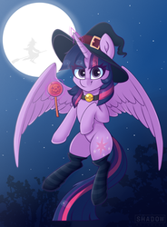 Size: 1654x2244 | Tagged: safe, artist:php97, twilight sparkle, alicorn, pony, g4, beanbrows, bell, bell collar, broom, chest fluff, clothes, collar, eye clipping through hair, eyebrows, eyebrows visible through hair, female, flying, flying broomstick, halloween, hat, holiday, moon, socks, solo, striped socks, twilight sparkle (alicorn), witch, witch hat