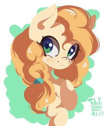 Size: 1820x2048 | Tagged: safe, artist:tohupo, pear butter, earth pony, pony, g4, abstract background, bust, cute, female, looking at you, mare, pearabetes, signature, smiling, solo