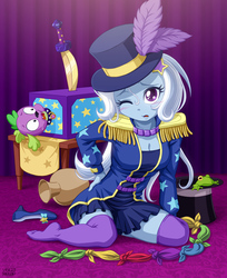 Size: 1000x1223 | Tagged: safe, artist:uotapo, spike, spike the regular dog, trixie, dog, equestria girls, equestria girls specials, g4, my little pony equestria girls: better together, my little pony equestria girls: spring breakdown, street magic with trixie, blushing, breasts, cleavage, clothes, cute, diatrixes, duo, embarrassed, epaulettes, feather, female, hat, high heels, male, one eye closed, open mouth, shoes, socks, stage magic, stocking feet, stockings, sweat, sword, thigh highs, top hat, uotapo is trying to murder us, weapon