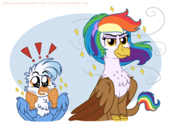 Size: 1280x939 | Tagged: safe, artist:pink-pone, oc, oc:gren, oc:rainbow feather, griffon, hippogriff, brother and sister, cute, female, interspecies offspring, magical lesbian spawn, male, next generation, offspring, parent:gilda, parent:rainbow dash, parents:gildash, siblings, sparkles, windswept mane