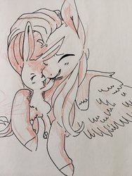 Size: 768x1024 | Tagged: safe, artist:serp000, angel bunny, fluttershy, pegasus, pony, rabbit, g4, bust, duo, eyes closed, female, hug, mare, smiling, spread wings, traditional art, wings