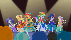 Size: 640x363 | Tagged: safe, screencap, applejack, fluttershy, pinkie pie, rainbow dash, rarity, sci-twi, sunset shimmer, twilight sparkle, equestria girls, g4, my little pony equestria girls: legend of everfree, animated, camp everfree outfits, clothes, dress, drums, female, gif, guitar, humane five, humane seven, humane six, keytar, musical instrument, puffy sleeves, tambourine, the rainbooms