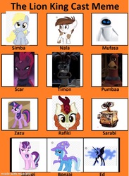 Size: 733x1000 | Tagged: safe, autumn blaze, derpy hooves, nightmare moon, pipsqueak, starlight glimmer, tempest shadow, trixie, twilight sparkle, pony, g4, chicken run, female, filly, recast meme, wall-e