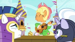 Size: 1920x1080 | Tagged: safe, screencap, applejack, shining armor, earth pony, pony, unicorn, g4, sparkle's seven, apple chord, female, guardsmare, guitar, hat, male, mare, royal guard, stallion, unicorn royal guard