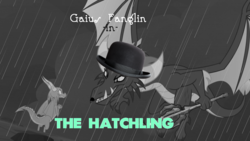 Size: 1280x720 | Tagged: safe, edit, edited screencap, screencap, gaius, scales (g4), dragon, g4, the hearth's warming club, black and white, bowler hat, cane, charlie chaplin, facial hair, female, grayscale, hat, male, monochrome, moustache, poster parody, rain, text, the kid (silent movie)