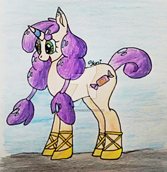 Size: 1024x1057 | Tagged: safe, artist:rainbowmoon27, edit, oc, oc only, oc:taffy swirl, pony, unicorn, female, hoof shoes, parent:pinkie pie, signature, smiling, solo, traditional art