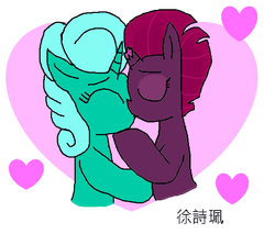 Size: 1178x1002 | Tagged: safe, artist:徐詩珮, fizzlepop berrytwist, glitter drops, tempest shadow, pony, unicorn, g4, my little pony: the movie, broken horn, cute, eyes closed, female, glitterbetes, heart, horn, kissing, lesbian, mare, ship:glittershadow, shipping, signature, simple background, tempestbetes, white background