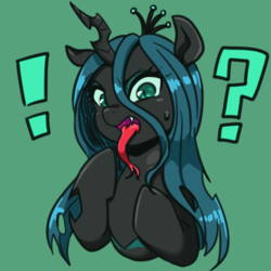 Size: 1000x1000 | Tagged: safe, artist:raika0306, queen chrysalis, changeling, changeling queen, g4, crown, exclamation point, fangs, female, forked tongue, green background, jewelry, long tongue, ponified, question mark, regalia, simple background, solo, tongue out